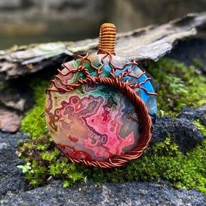 Rainbow Lace Agate Copper Wire Wrapped Pendant: Boho Gemstone Necklace